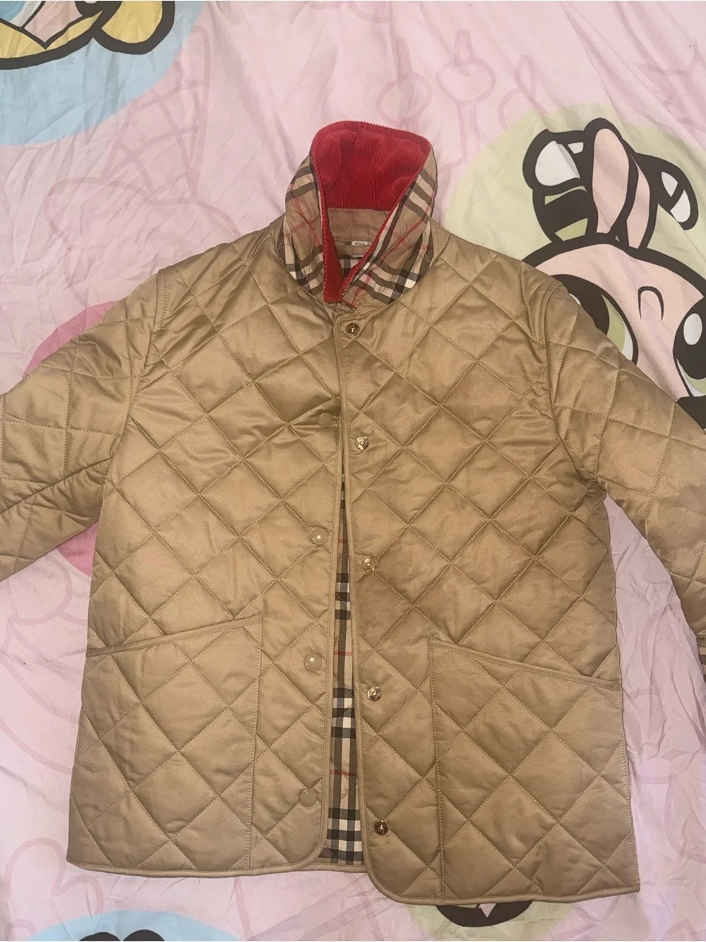 Burberry Tan Quilted Puffer Jacket with Red Corduroy Collar